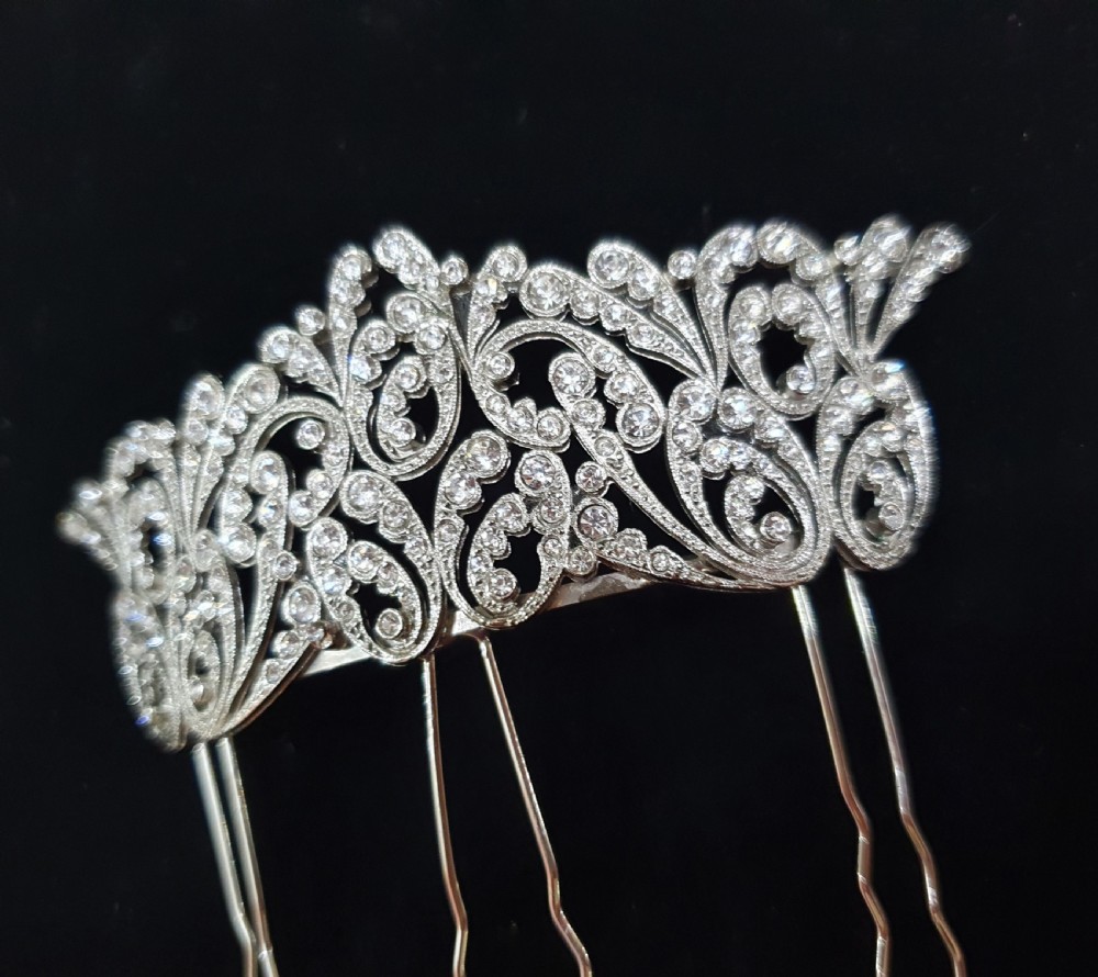 French Art Deco Crystal Tiara Hair Comb c.1930s Belle Epoque Rhodium Plated Original Mint Condition Bridal Piece View VIII