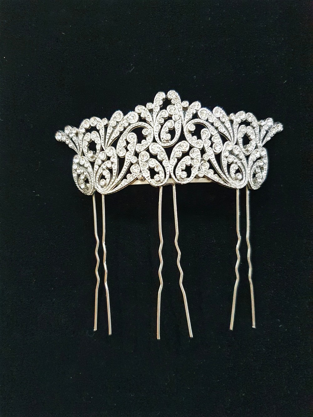 French Art Deco Crystal Tiara Hair Comb c.1930s Belle Epoque Rhodium Plated Original Mint Condition Bridal Piece View IX