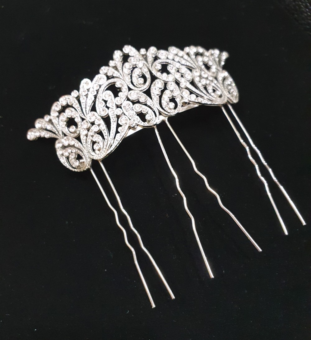 French Art Deco Crystal Tiara Hair Comb c.1930s Belle Epoque Rhodium Plated Original Mint Condition Bridal Piece View X