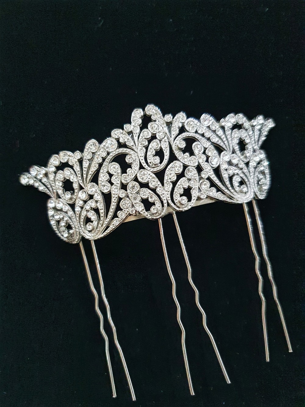 French Art Deco Crystal Tiara Hair Comb c.1930s Belle Epoque Rhodium Plated Original Mint Condition Bridal Piece View XIII