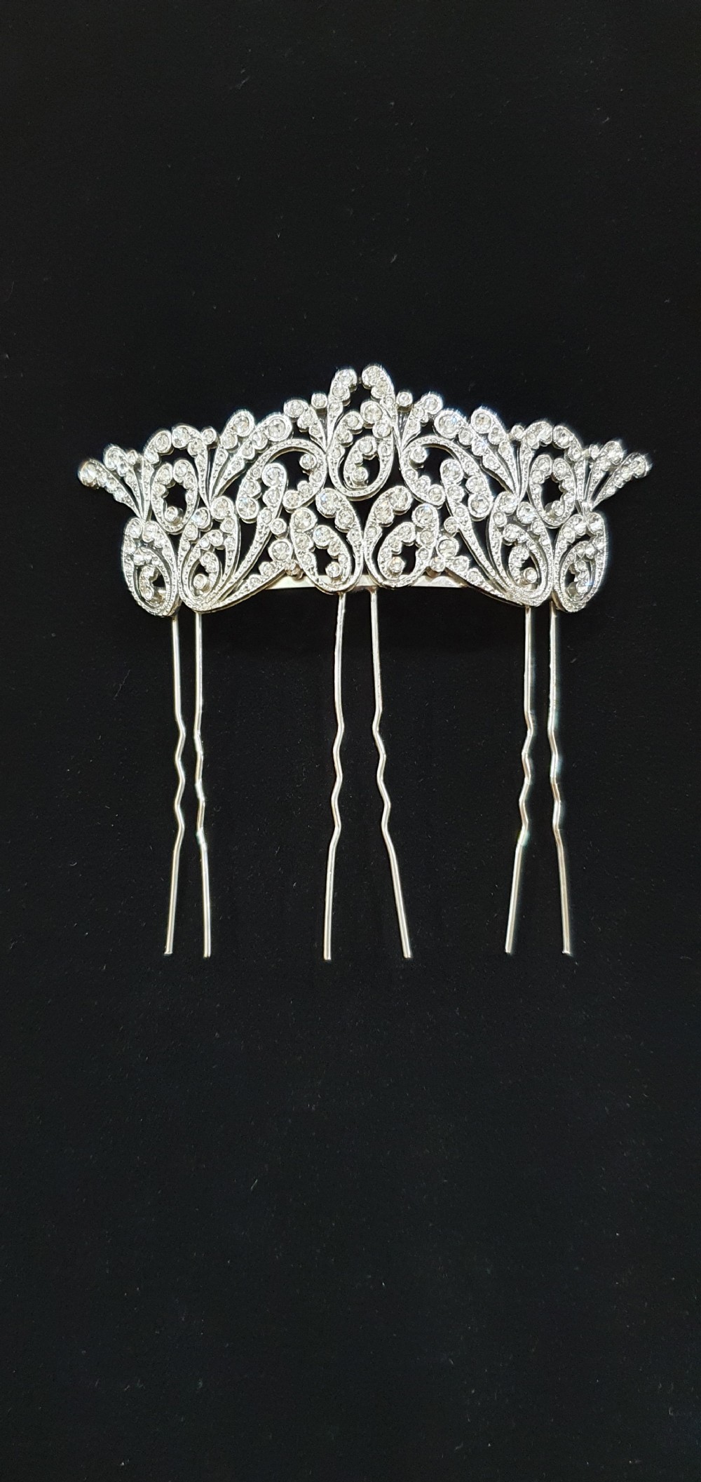 French Art Deco Crystal Tiara Hair Comb c.1930s Belle Epoque Rhodium Plated Original Mint Condition Bridal Piece View XV