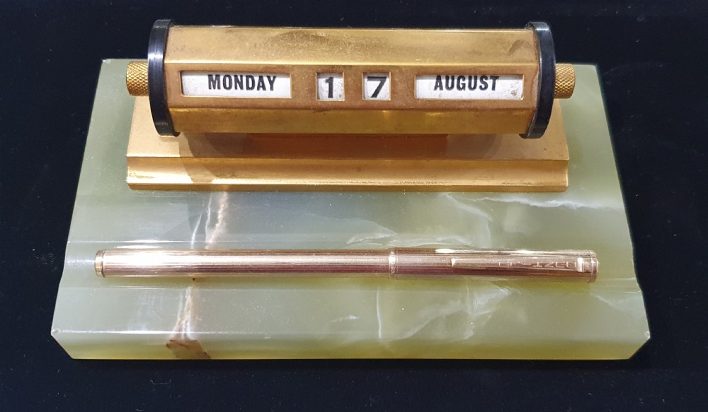 Art Deco Perpetual Desk Calendar on Onyx Base with Pen Slot c.1930s  View II
