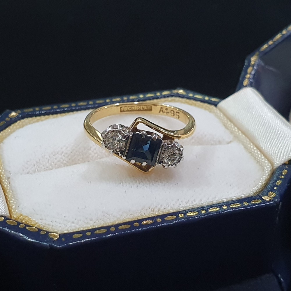 Art Deco Platinum set Princess Sapphire & Brilliant Diamonds 18ct Gold Ring- Size M½ - N View XII