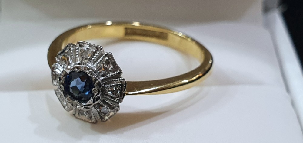 Art Deco Sapphire & Geometric Diamond Platinum 18ct Gold Ring - Size M c.1930s View III
