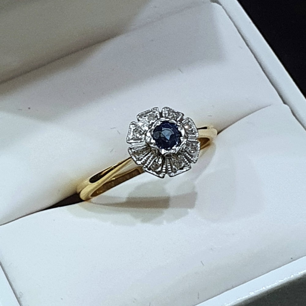 Art Deco Sapphire & Geometric Diamond Platinum 18ct Gold Ring - Size M c.1930s View IV