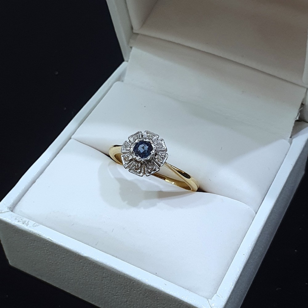 Art Deco Sapphire & Geometric Diamond Platinum 18ct Gold Ring - Size M c.1930s View VII