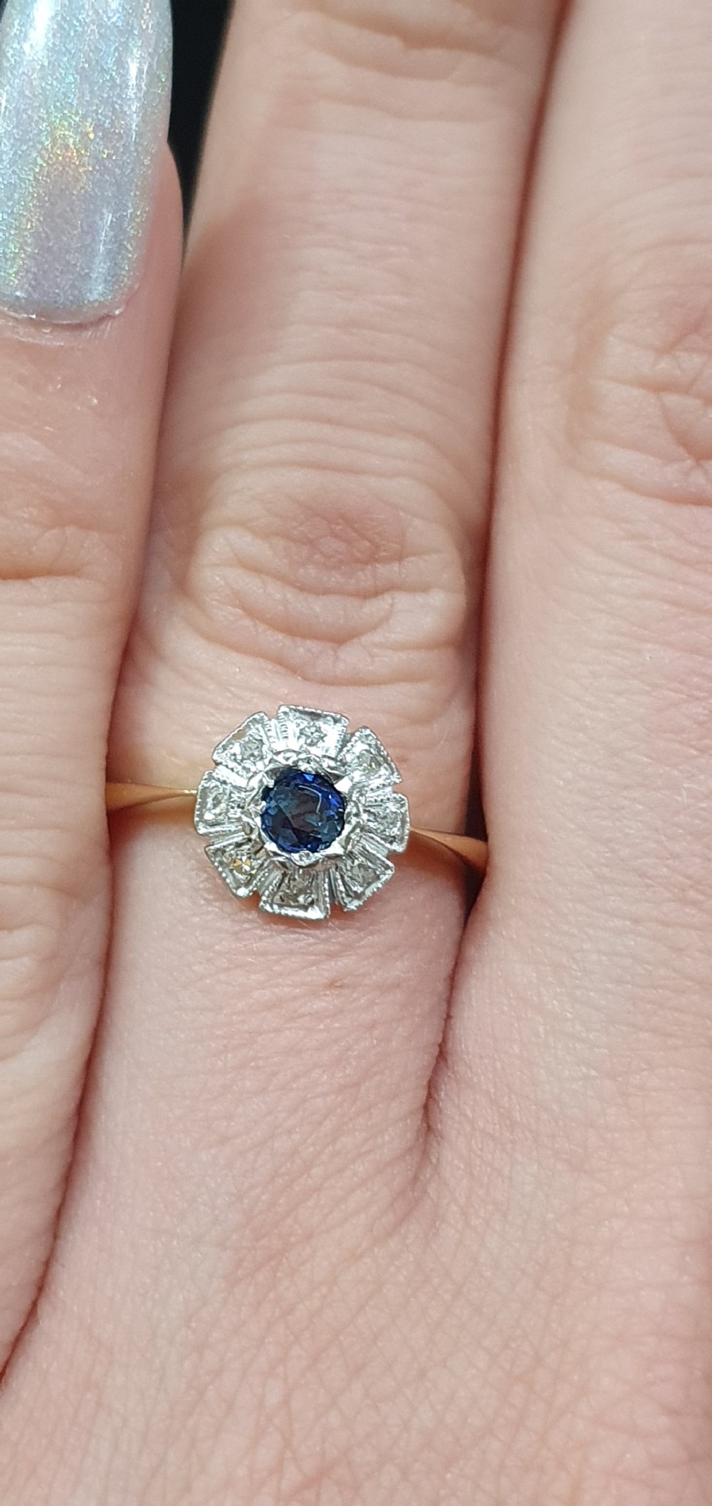 Art Deco Sapphire & Geometric Diamond Platinum 18ct Gold Ring - Size M c.1930s View XI