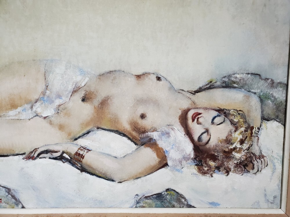 Guinegault Large Art Deco Oil on Canvas Reclining Girl c1930 View II