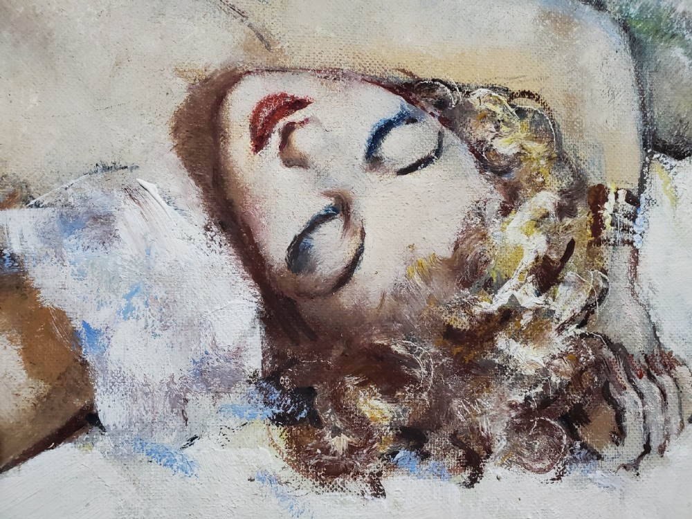 Guinegault Large Art Deco Oil on Canvas Reclining Girl c1930 View III