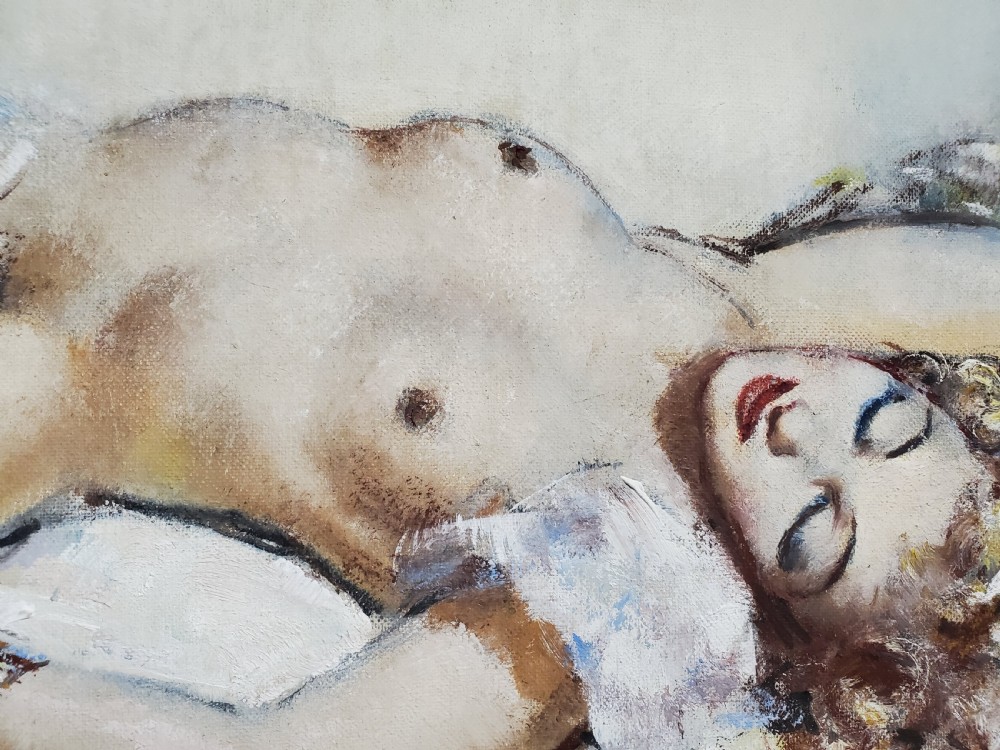 Guinegault Large Art Deco Oil on Canvas Reclining Girl c1930 View IV