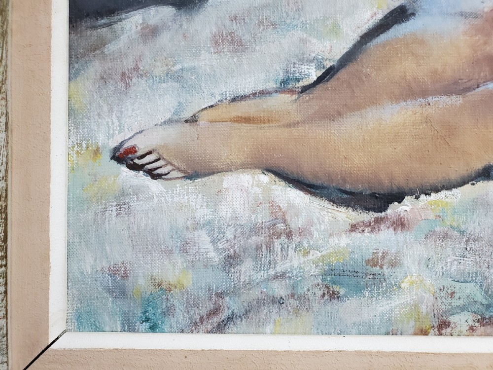 Guinegault Large Art Deco Oil on Canvas Reclining Girl c1930 View V