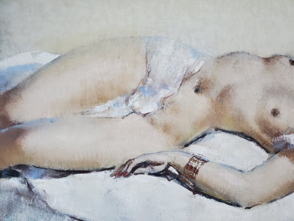 Guinegault Large Art Deco Oil on Canvas Reclining Girl c1930 View VI