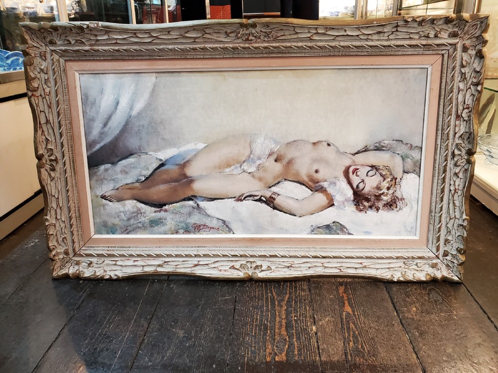 Guinegault Large Art Deco Oil on Canvas Reclining Girl c1930 View VIII