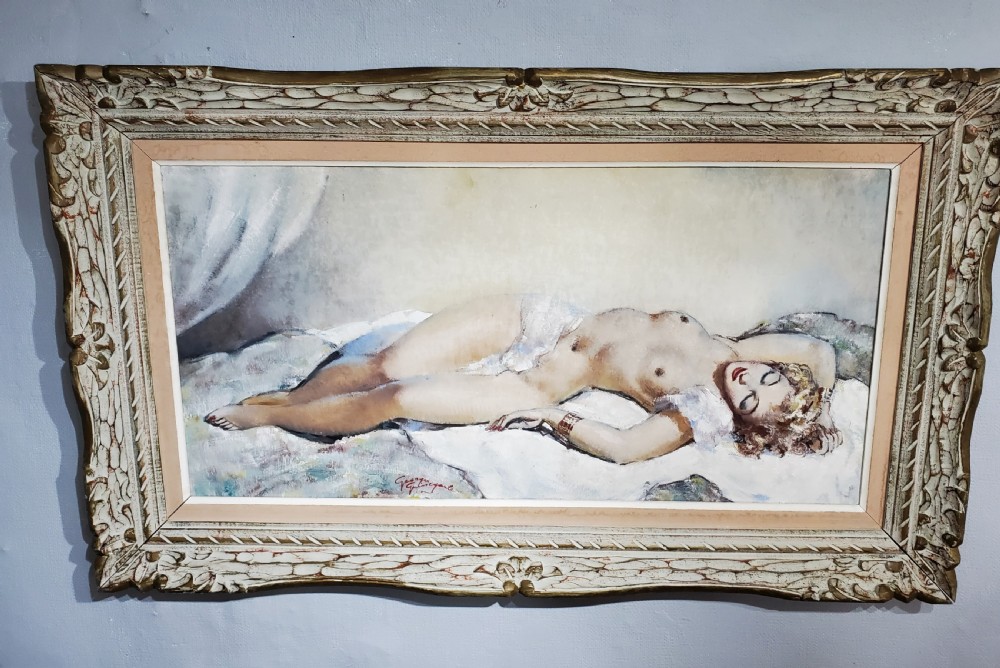 Guinegault Large Art Deco Oil on Canvas Reclining Girl c1930 View IX