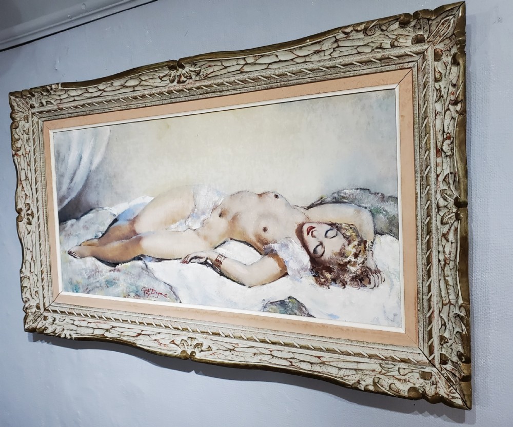Guinegault Large Art Deco Oil on Canvas Reclining Girl c1930 View X