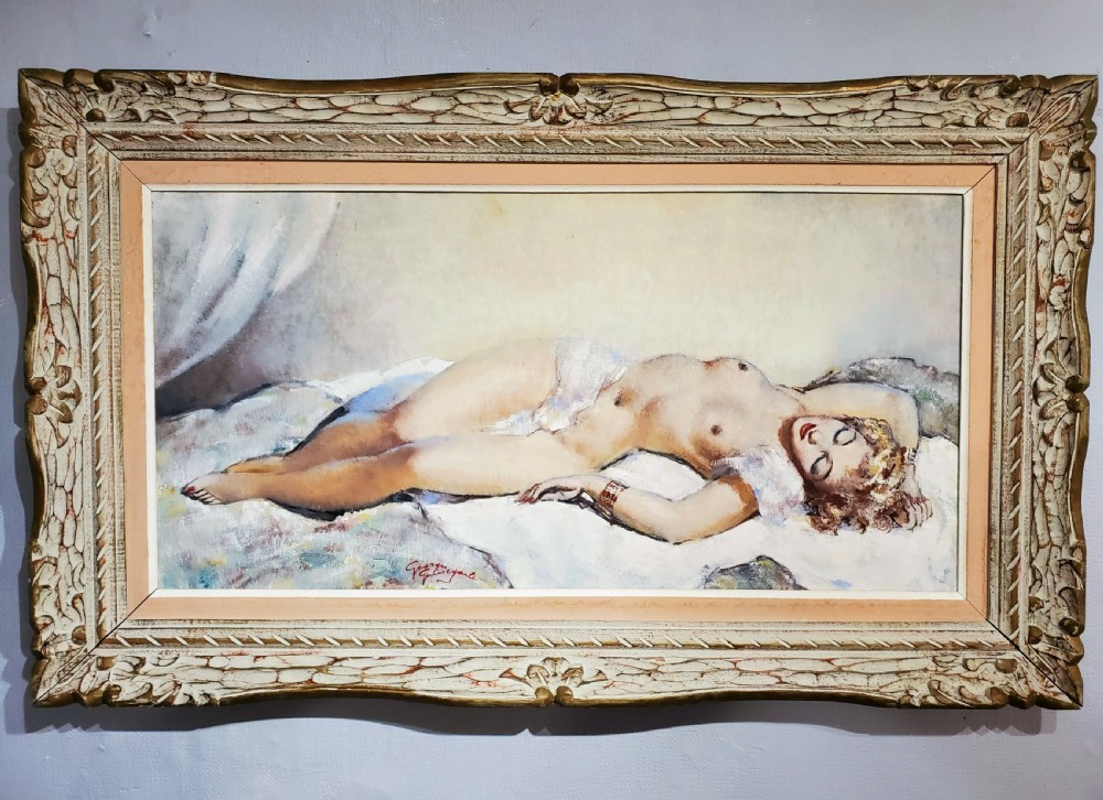 Guinegault Large Art Deco Oil on Canvas Reclining Girl c1930
