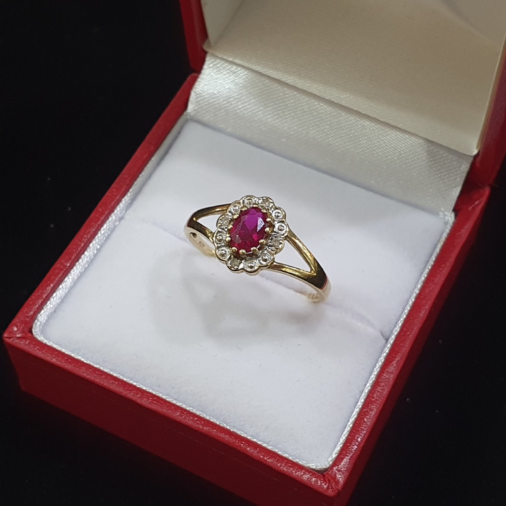 Vintage 1930-40s Ruby & Diamond Halo 9ct Gold Ring - Size O½ - P View II