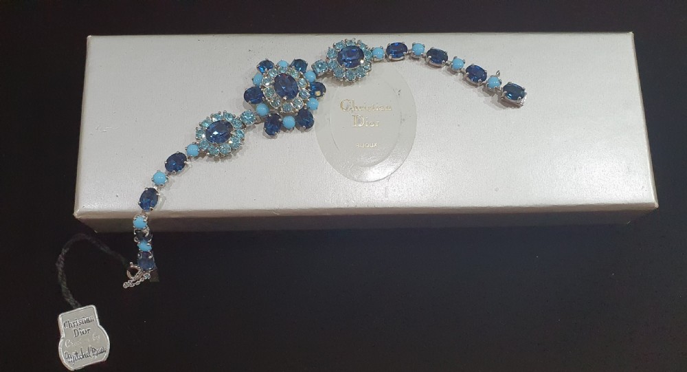 Christian Dior Vintage 1950s Blue Crystal Bracelet with Original Tags & Box View IV