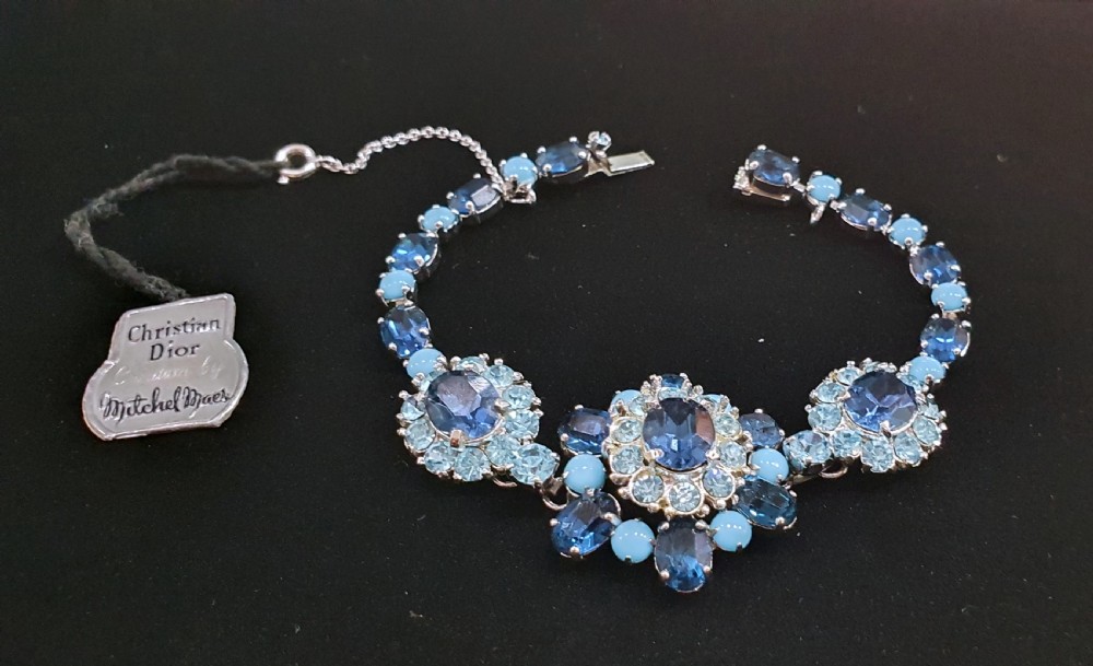 Christian Dior Vintage 1950s Blue Crystal Bracelet with Original Tags & Box View V