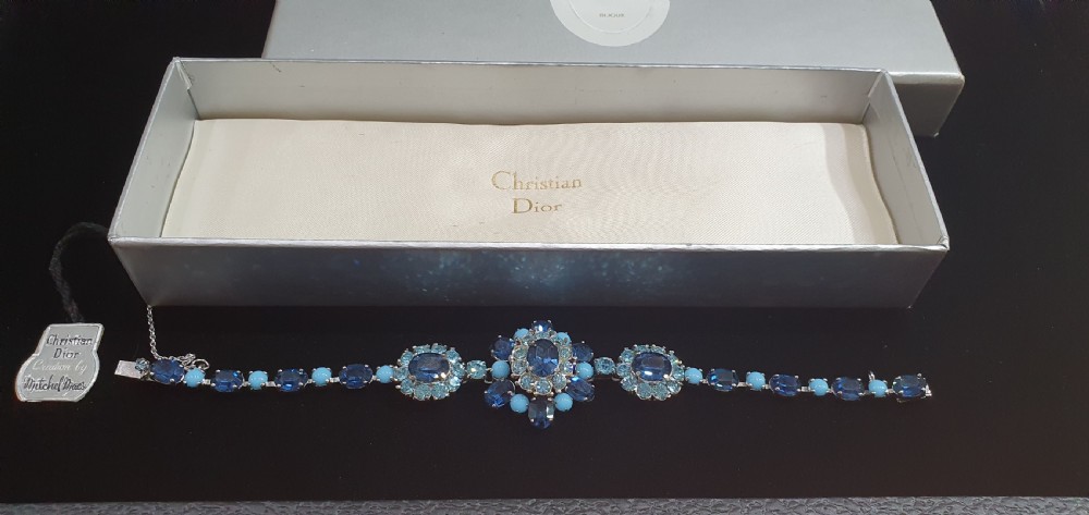 Christian Dior Vintage 1950s Blue Crystal Bracelet with Original Tags & Box View XIV