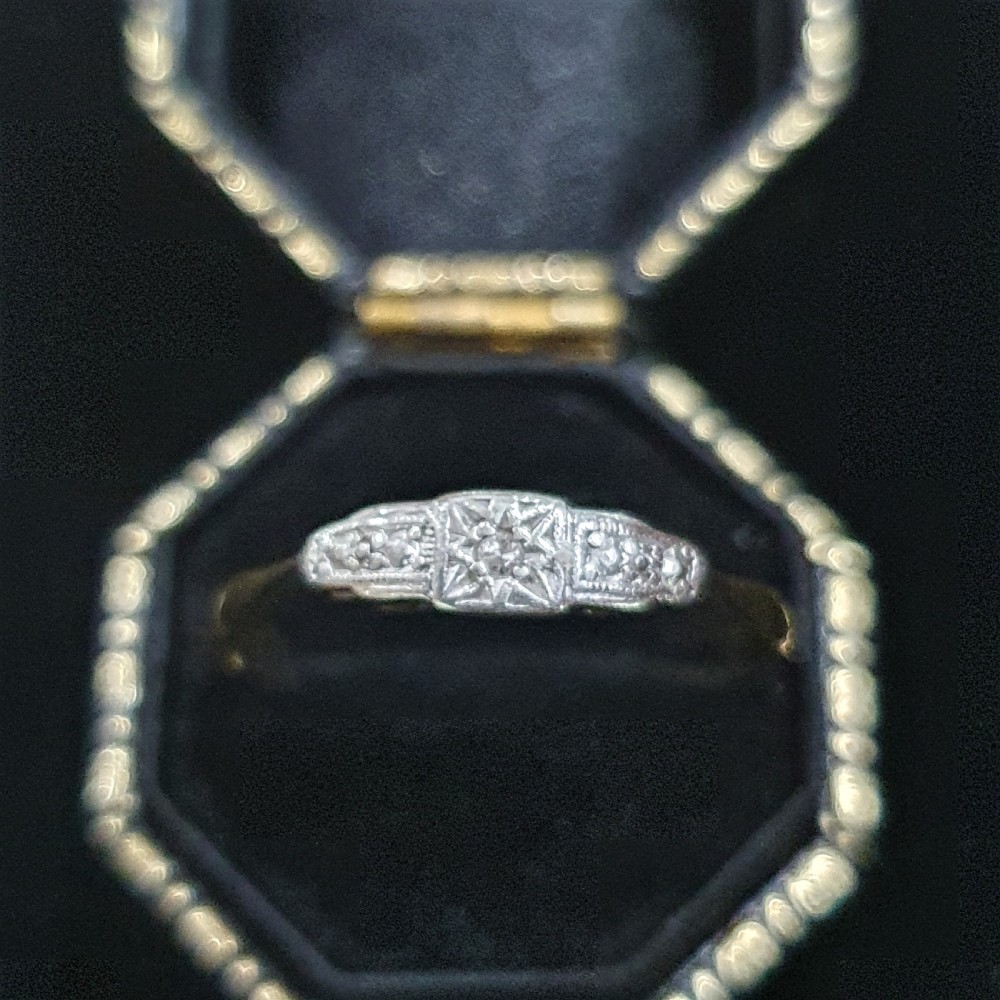 Art Deco Platinum Set Diamond Geometric Starburst Design on 9ct Gold Ring - Size Q½ View V