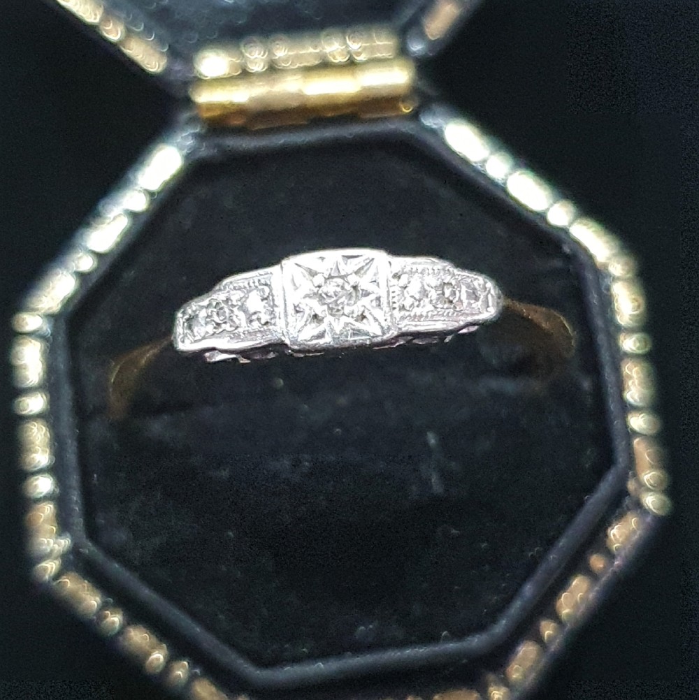 Art Deco Platinum Set Diamond Geometric Starburst Design on 9ct Gold Ring - Size Q½ View VIII