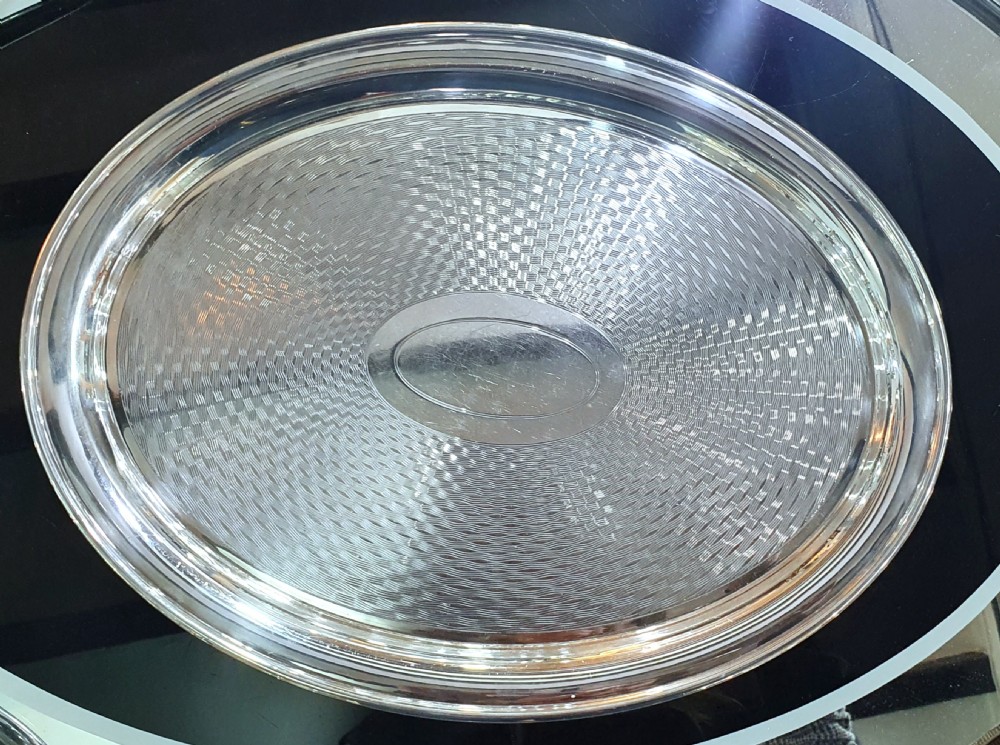 Mappin & Webb 1947 Engine Turned Design Silver Plated Oval Serving Tray
