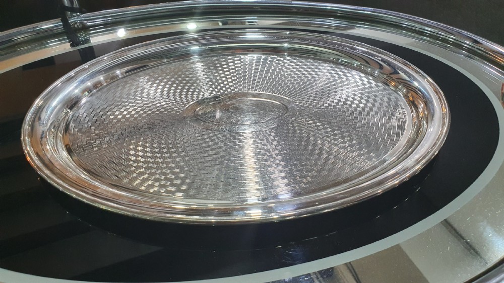 Mappin & Webb 1947 Engine Turned Design Silver Plated Oval Serving Tray View III