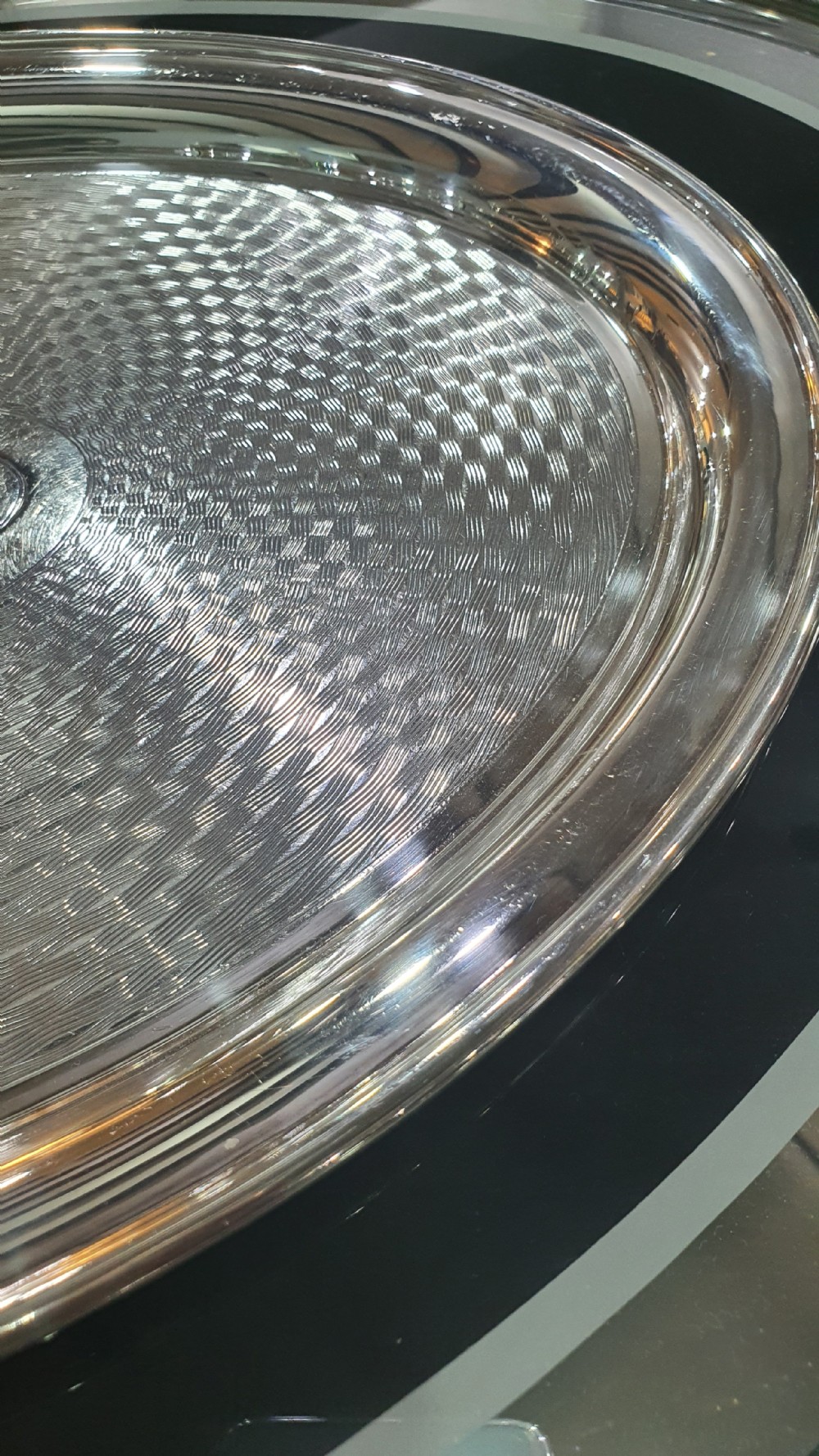 Mappin & Webb 1947 Engine Turned Design Silver Plated Oval Serving Tray View IV
