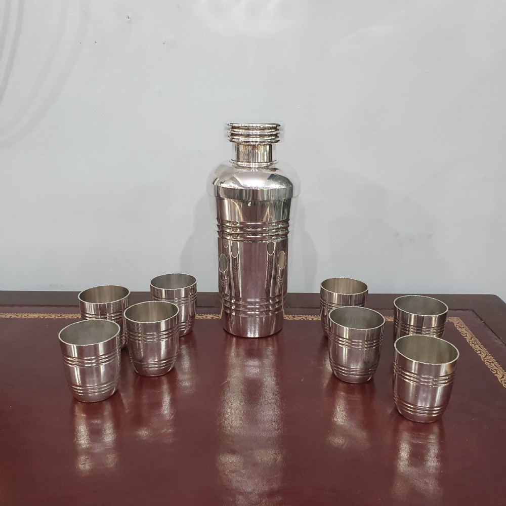 Rare Boxed French Art Deco Cocktail Set Shaker 8 Cups & Tray View V