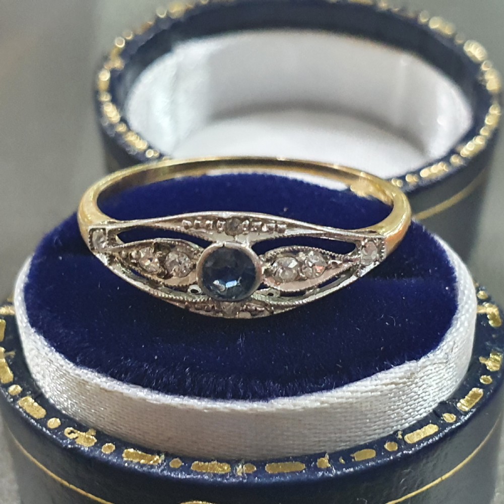 Edwardian Art Deco Ceylon Sapphire & Diamond 18ct Gold Ring - Size S View VI