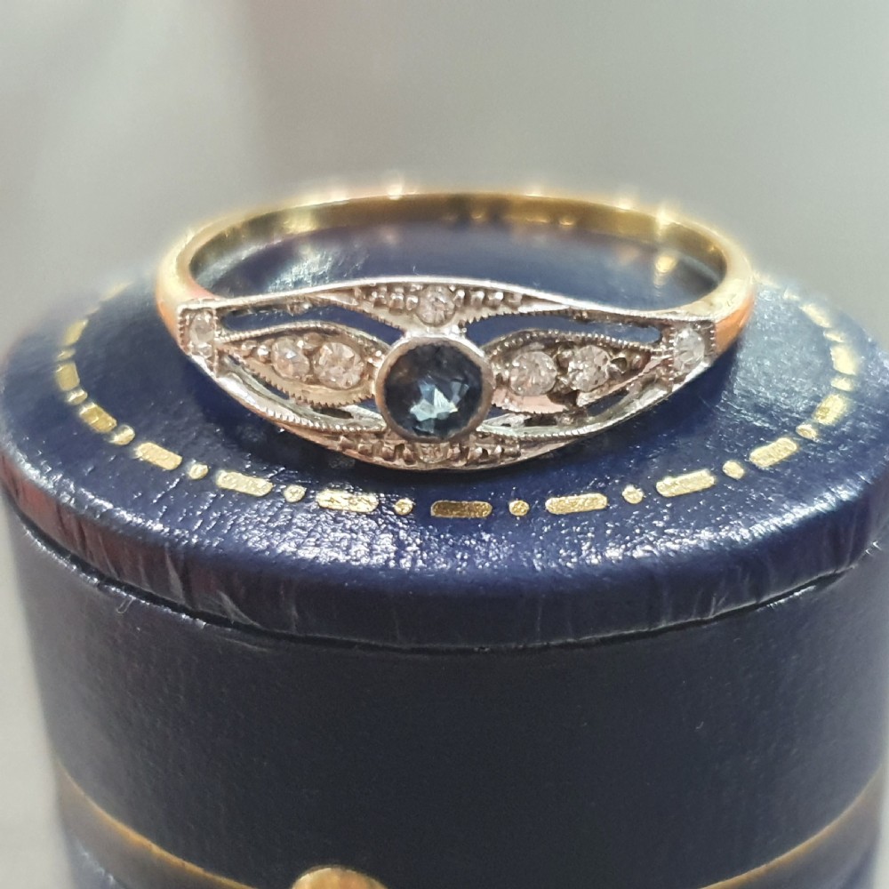 Edwardian Art Deco Ceylon Sapphire & Diamond 18ct Gold Ring - Size S View XI