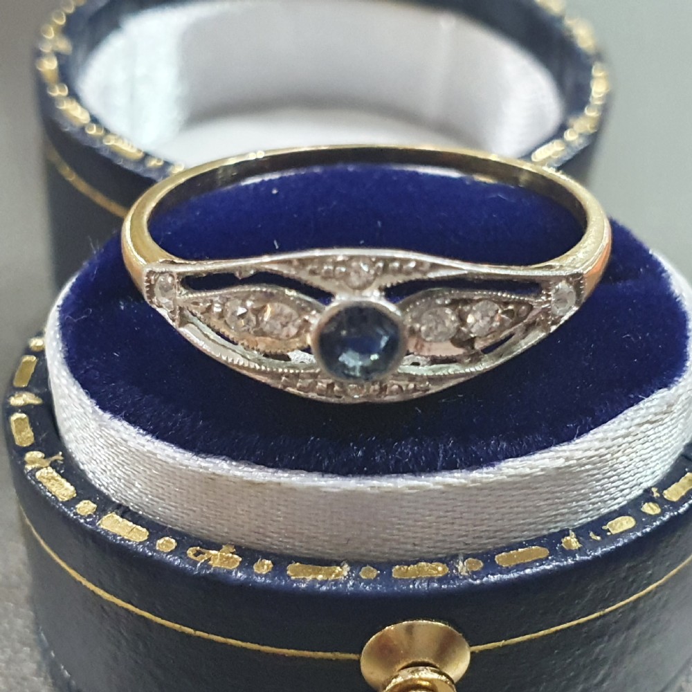 Edwardian Art Deco Ceylon Sapphire & Diamond 18ct Gold Ring - Size S View XII