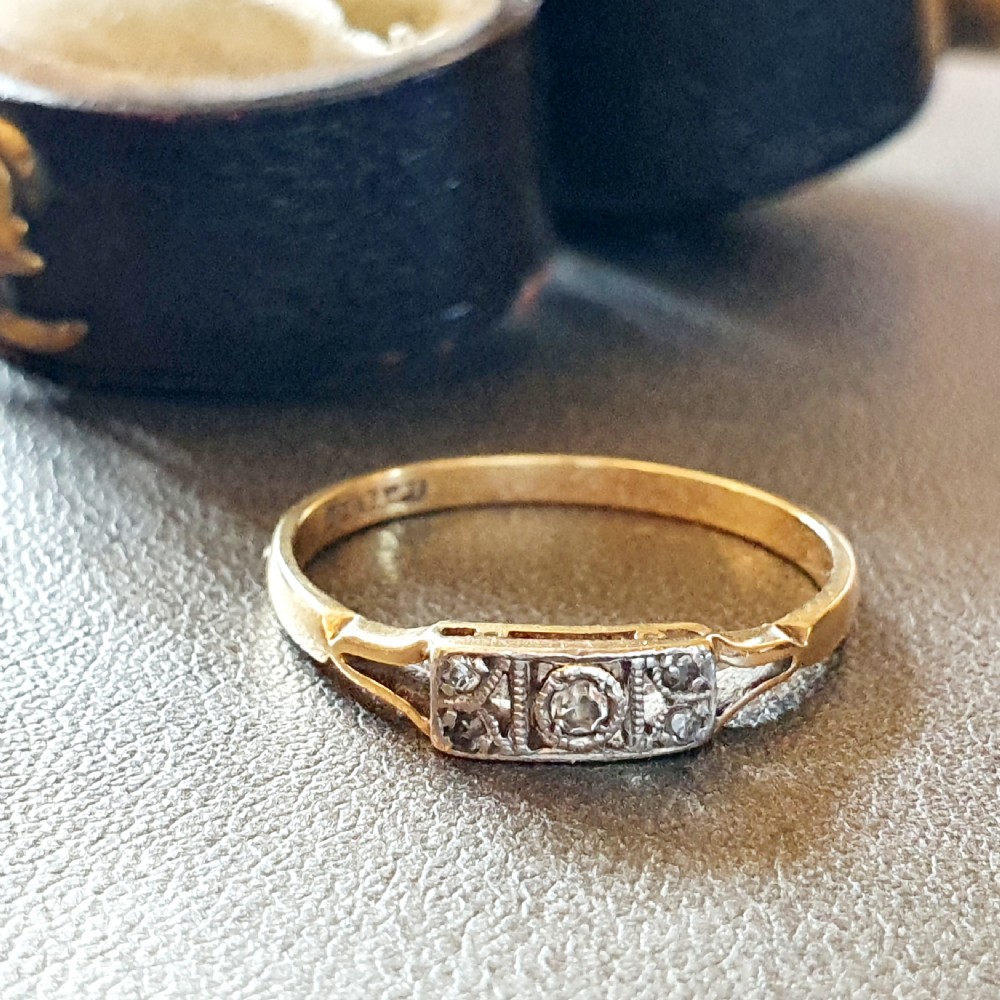 Art Deco 5 Diamond Platinum 18ct Gold Ring - Size P View IV