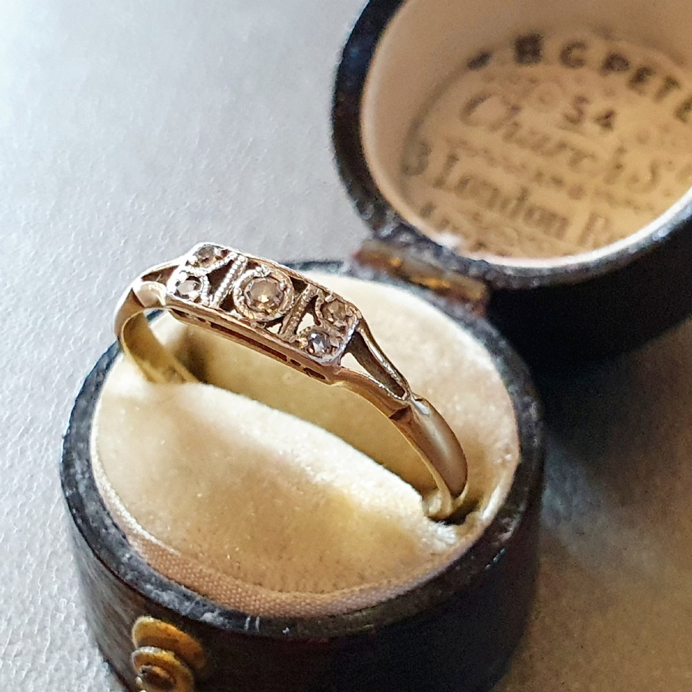 Art Deco 5 Diamond Platinum 18ct Gold Ring - Size P View V