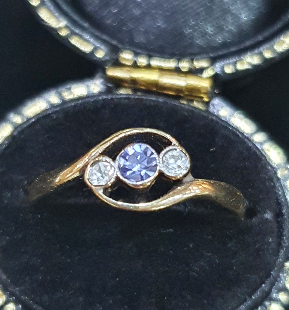Art Deco Old European Cut Tanzanite & Diamond Platinum 9ct Gold Ring - Size O View X