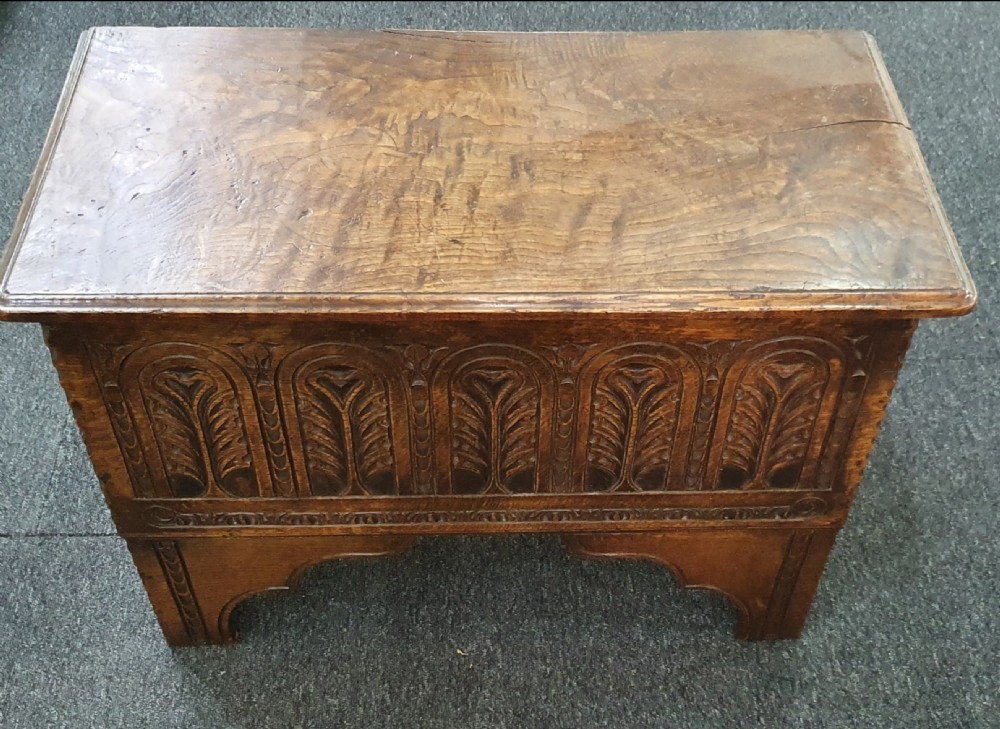 Arts & Crafts Carved Oak Coffer c.1900 View III