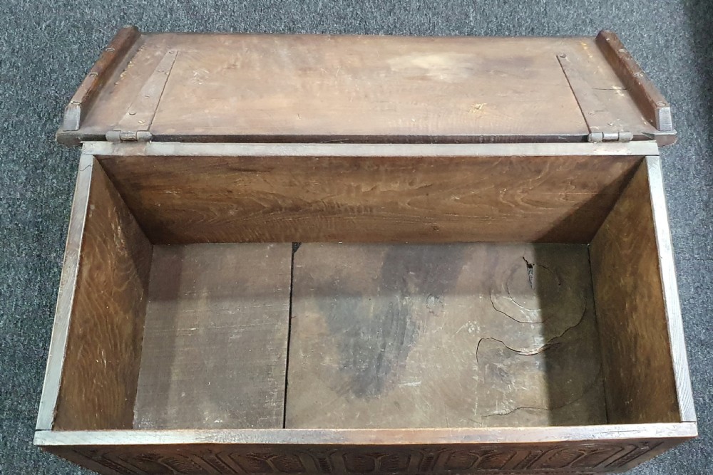 Arts & Crafts Carved Oak Coffer c.1900 View VIII