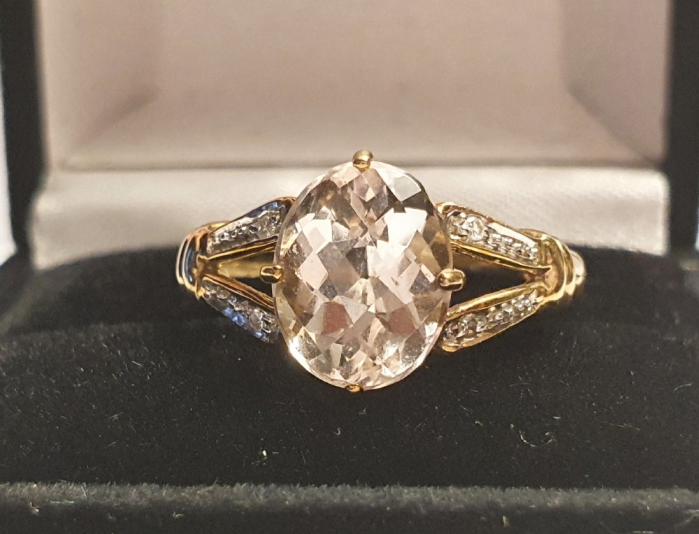 Oval Cut Morganite & Diamond on Split Shoulders 9ct Gold Ring - Size N½ 