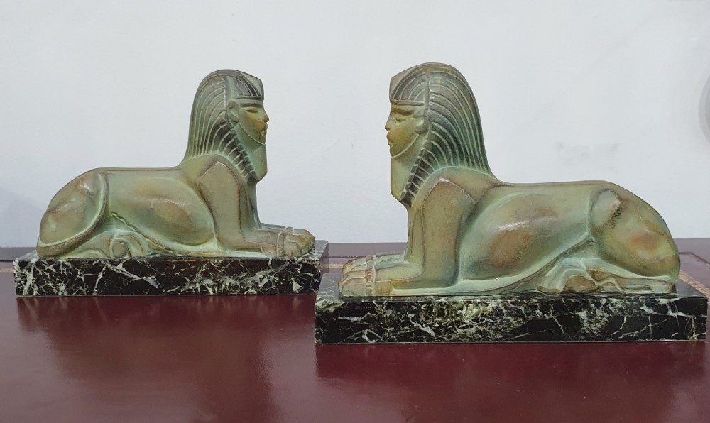 French Art Deco Sphinx Bookends on Marble Plinths in the Style of Max le Verrier c.1920s-30s  View III