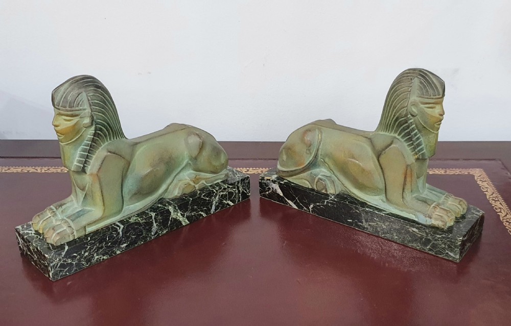 French Art Deco Sphinx Bookends on Marble Plinths in the Style of Max le Verrier c.1920s-30s  View IV