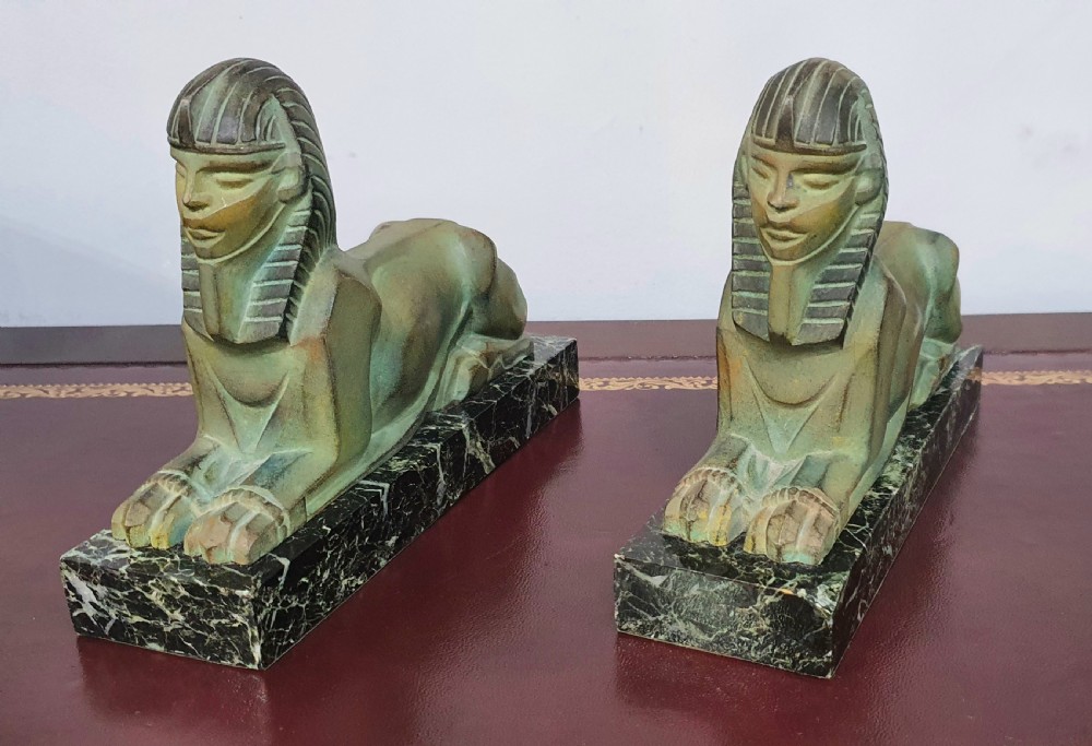 French Art Deco Sphinx Bookends on Marble Plinths in the Style of Max le Verrier c.1920s-30s  View VI