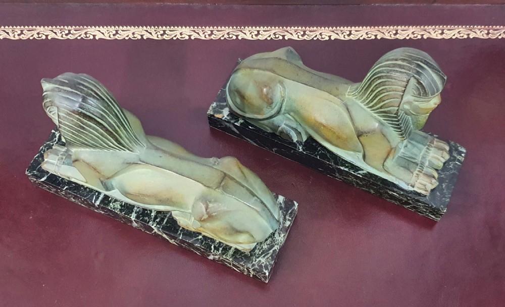 French Art Deco Sphinx Bookends on Marble Plinths in the Style of Max le Verrier c.1920s-30s  View IX