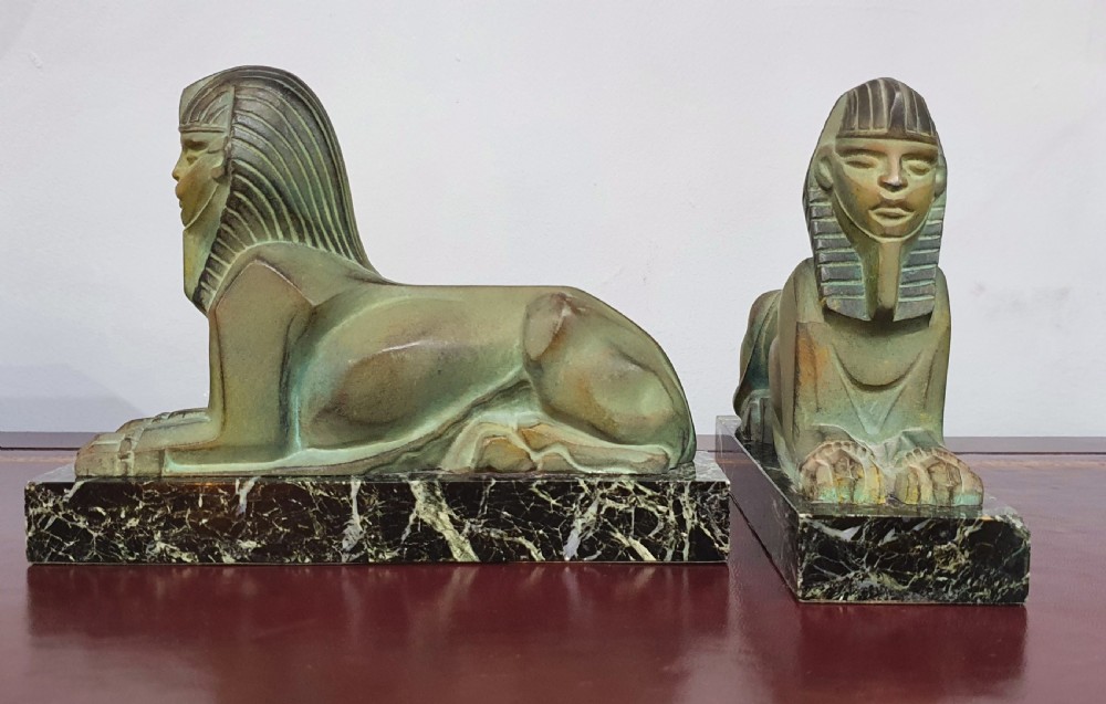 French Art Deco Sphinx Bookends on Marble Plinths in the Style of Max le Verrier c.1920s-30s  View XII