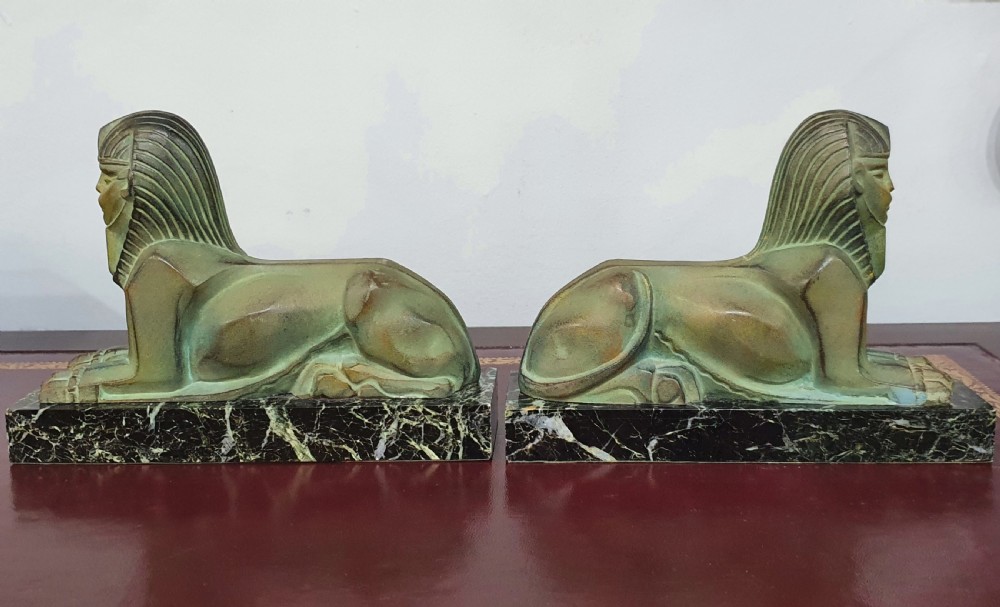 French Art Deco Sphinx Bookends on Marble Plinths in the Style of Max le Verrier c.1920s-30s  View XIII