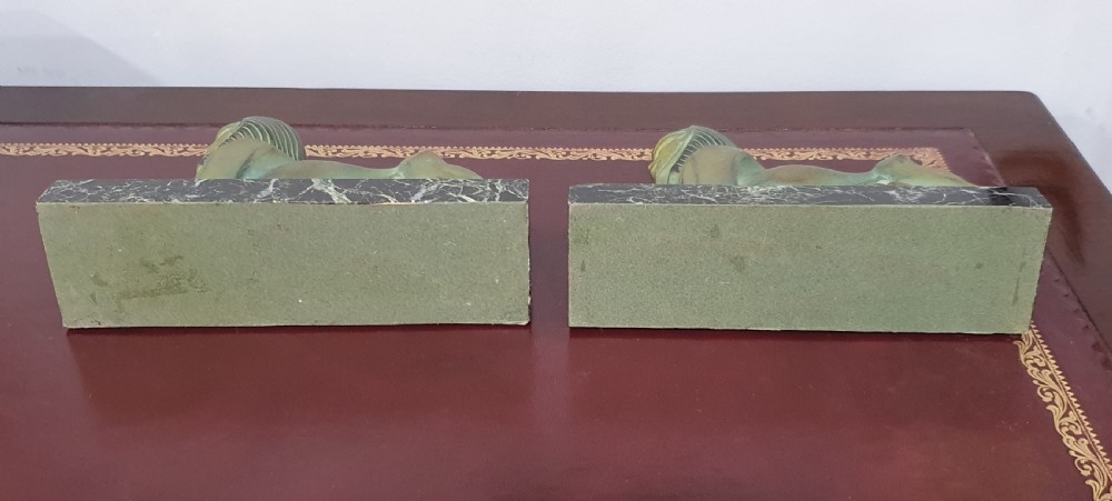 French Art Deco Sphinx Bookends on Marble Plinths in the Style of Max le Verrier c.1920s-30s  View XIV