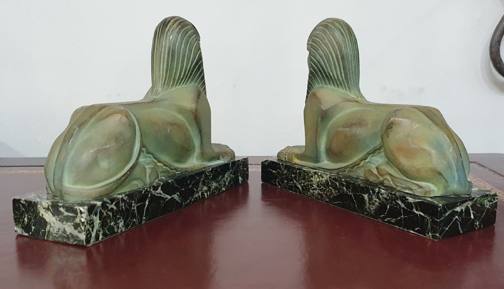 French Art Deco Sphinx Bookends on Marble Plinths in the Style of Max le Verrier c.1920s-30s  View XV