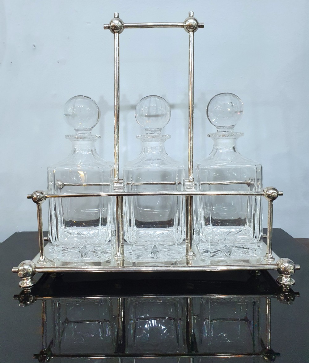 Art Deco Tantalus in Dr. Christopher Dresser Manner & Original 3 Cut Crystal Decanters