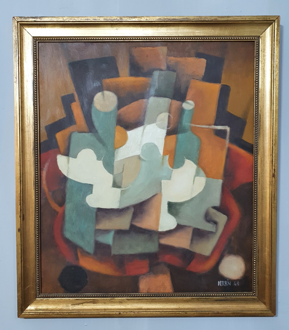 Jean Herbin 1948 French Cubist Oil on Board of Abstract Still Life