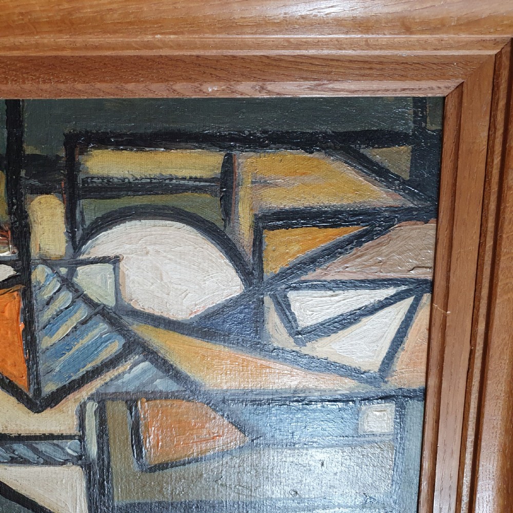 French Abstract Cubist Oil on Board, Artist Initialed c.1950s-60s  View V